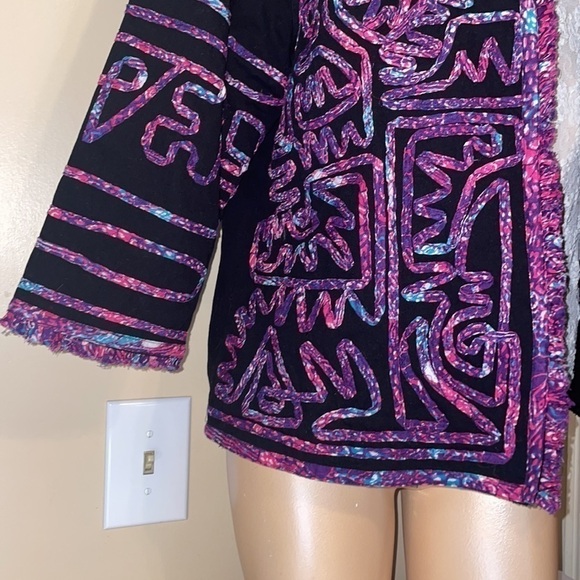 Choices womens XL blazer jacket 3/4 sleeve Vintage appliqué work black pink blue - Picture 3 of 7